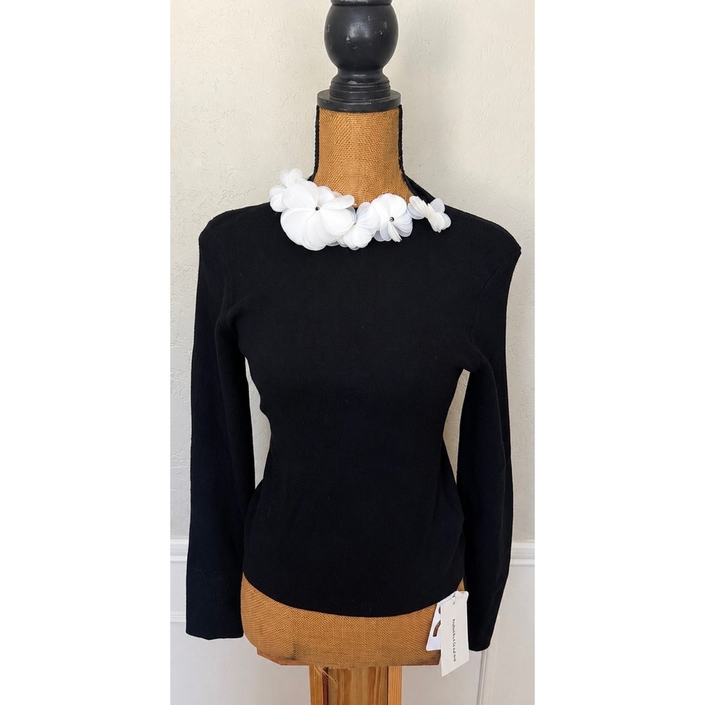 Commense Black 3D Floral Applique Knit Top XL Long Sleeve Ribbed Sweater NEW